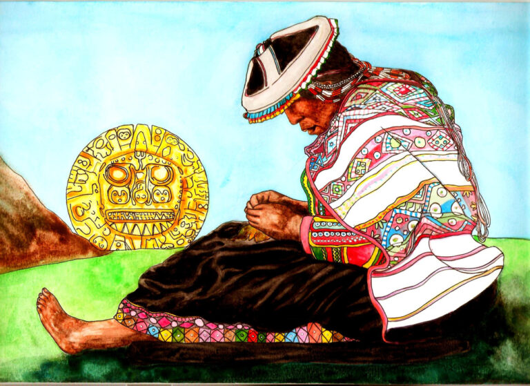 Acuarela Y Tinta Chola Tejiendo Peru 768x559